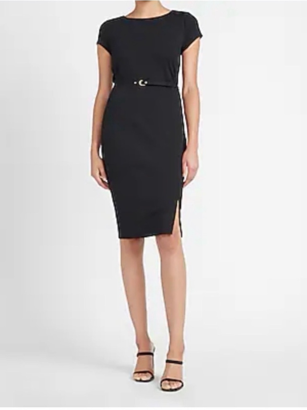 Express Black Short-Sleeve Sheath Dress with Slim Belt - Picture 6 of 6